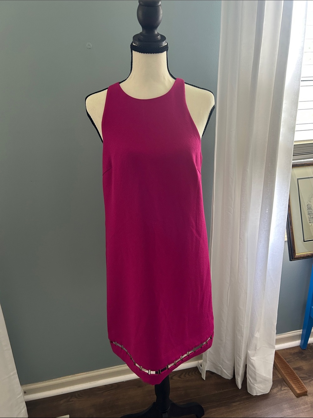 Trina Turk Magenta Sleeveless Midi Shift Dress with Metallic Hem Detail